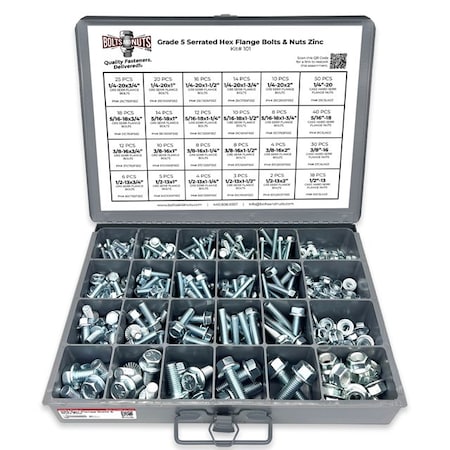 Boltsandnuts.Com Inch Grade 5 Serrated Hex Flange Bolts & Lock Nuts Assortment - 348 PCS Assortment Kit #101